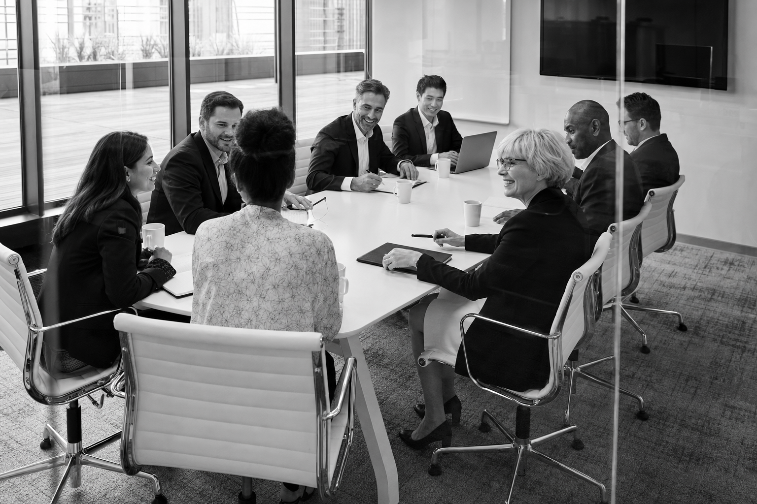 Executive team in a collaborative risk briefing around a conference table